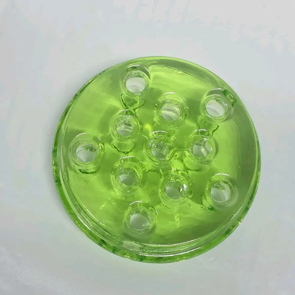 Vaseline Uranium Glass Flower Frog 11 Holes Glows UV Green Vintage 3